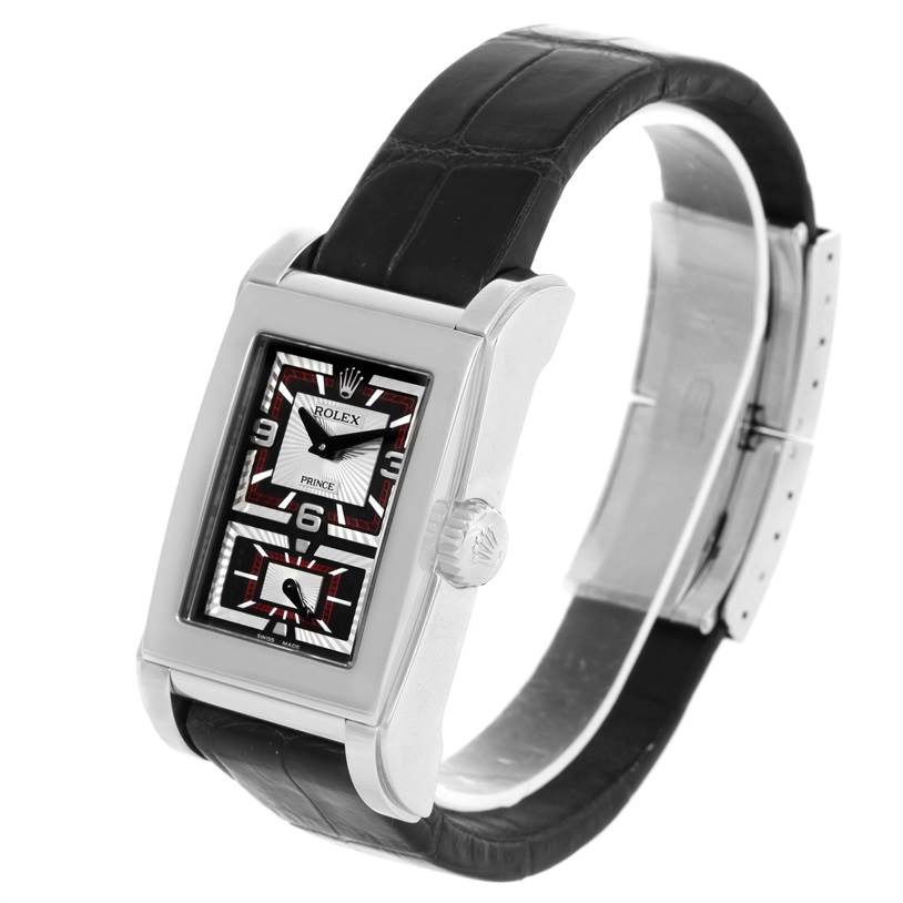 The image shows a side angle of the Rolex Cellini 5443 Men's White Gold Black Dial 5443 Men's White Gold Black Dial Prince watch, highlighting its rectangular case, black leather strap, and crown.