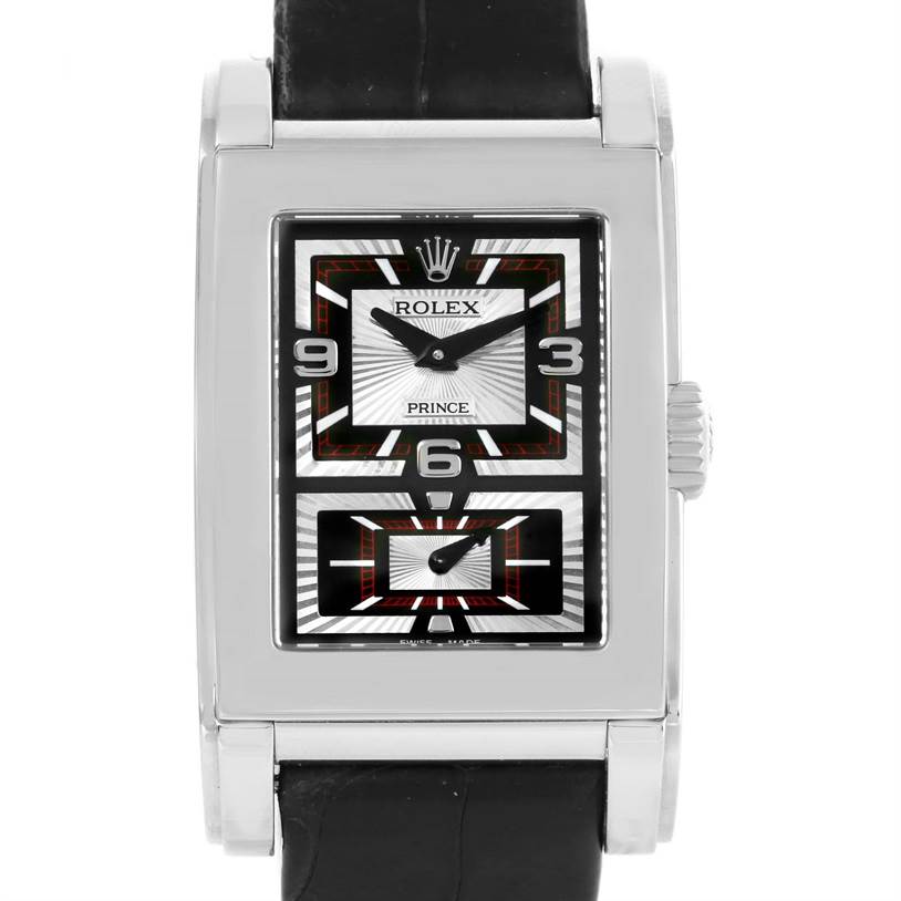 The image shows a front view of a Rolex Cellini 5443 Men's White Gold Black Dial 5443 Men's White Gold Black Dial Prince watch, displaying its rectangular face and black leather strap.