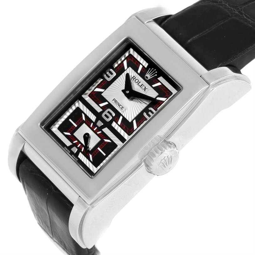 The image shows a close-up of the dial and crown of the Rolex Cellini 5443 Men's White Gold Black Dial 5443 Men's White Gold Black Dial Prince model watch from an angled side view.