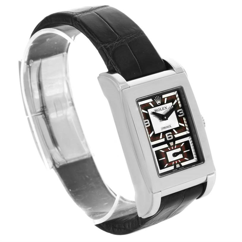 The image shows a side and top angle of a Rolex Cellini 5443 Men's White Gold Black Dial 5443 Men's White Gold Black Dial Prince model watch, highlighting its rectangular case and leather strap.