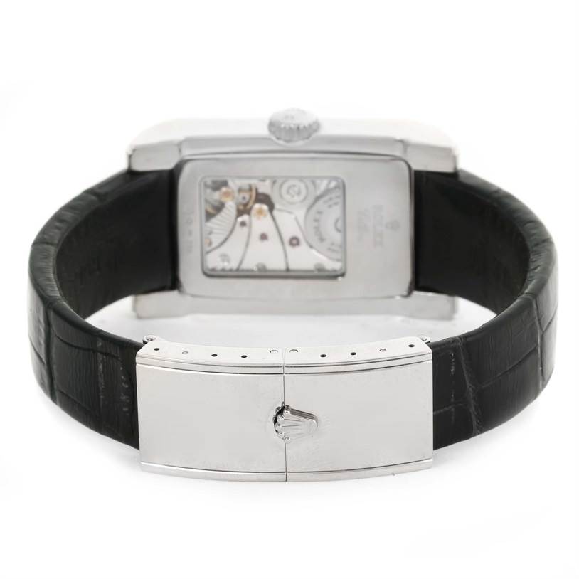 This image shows the back view of a Rolex Cellini 5443 Men's White Gold Black Dial 5443 Men's White Gold Black Dial watch, highlighting its leather strap and metal clasp.