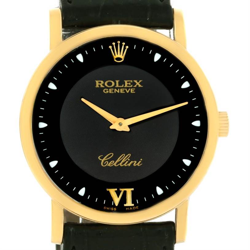 The image shows a frontal view of the Rolex Cellini 5115 Men's Yellow Gold Black Dial 5115 Men's Yellow Gold Black Dial watch, highlighting its dial, hands, and bezel.