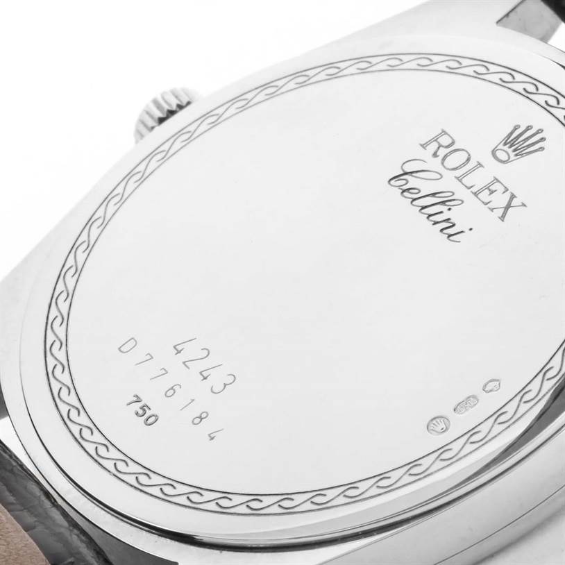 The image shows the back casing of a Rolex Cellini 4243 Men's White Gold Black Dial 4243 Men's White Gold Black Dial watch at an oblique angle.