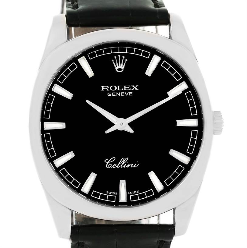 This image shows a front view of the Rolex Cellini 4243 Men's White Gold Black Dial 4243 Men's White Gold Black Dial watch, highlighting the black dial, silver markers, hands, and leather strap.