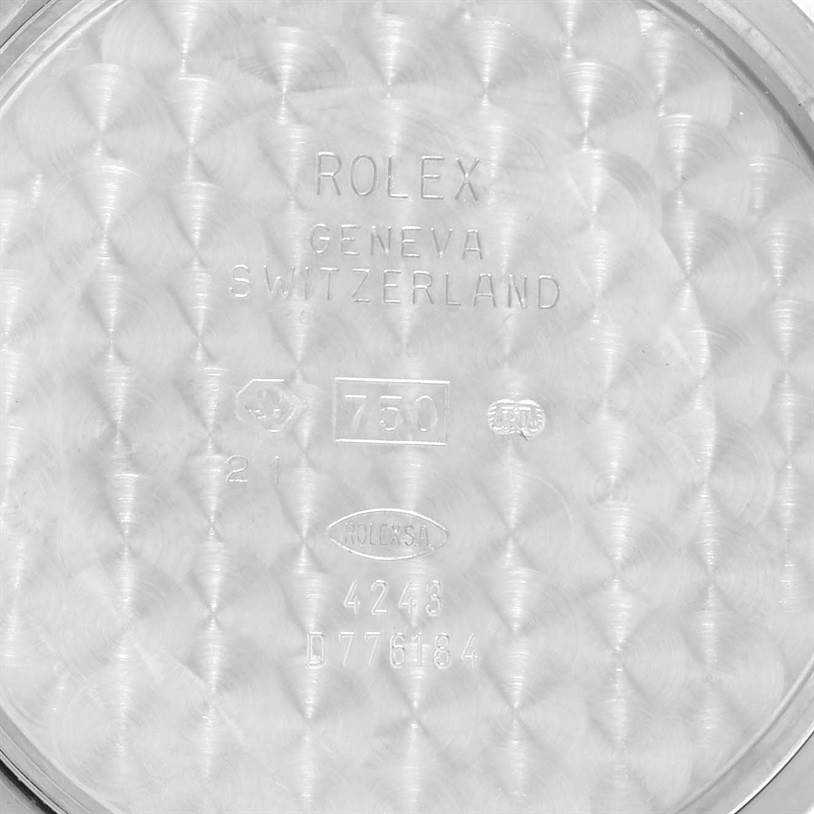 The image shows the inner case back of a Rolex Cellini 4243 Men's White Gold Black Dial 4243 Men's White Gold Black Dial watch, indicating its model and origin details.