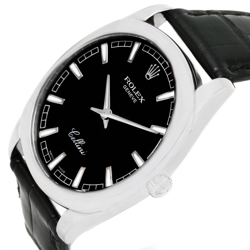 The image shows a side angle view of a Rolex Cellini 4243 Men's White Gold Black Dial 4243 Men's White Gold Black Dial watch with a black dial and leather strap.