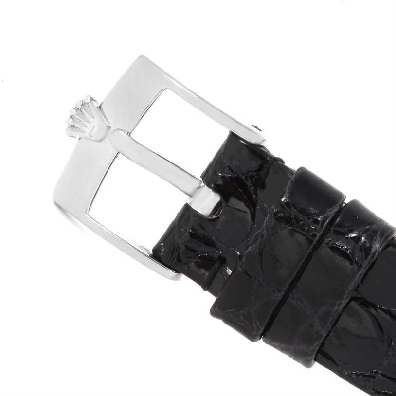 This image shows a close-up view of the buckle and strap of a Rolex Cellini 4112 Men
s White Gold Silver Dial 4112 Men
s White Gold Silver Dial watch.