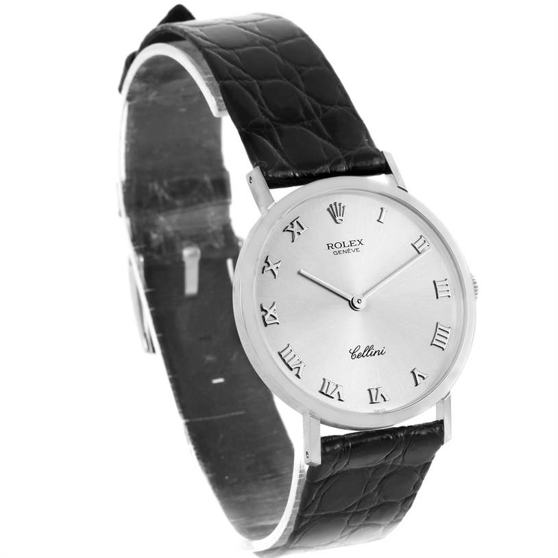 The image showcases a front-angle view of a Rolex Cellini 4112 Men
s White Gold Silver Dial 4112 Men
s White Gold Silver Dial watch, highlighting the dial, case, and leather strap.