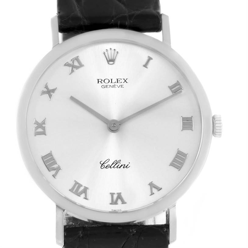 This image shows a front view of the Rolex Cellini 4112 Men
s White Gold Silver Dial 4112 Men
s White Gold Silver Dial watch displaying its face, hands, crown, and part of the strap.
