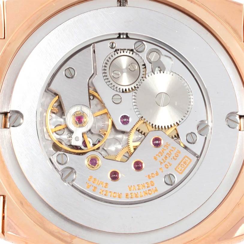 The image shows the internal movement and mechanical parts of a Rolex Cellini 5330 Men's Rose Gold Grey Dial 5330 Men's Rose Gold Grey Dial watch from a rear angle.