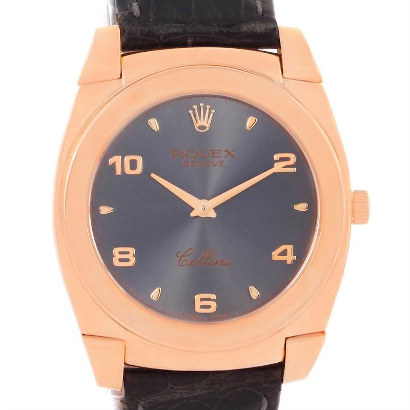 The image shows a frontal view of the Rolex Cellini watch featuring its dial, hands, crown, and part of the leather strap.