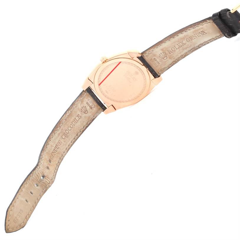 This image shows the back view of a Rolex Cellini 5330 Men's Rose Gold Grey Dial 5330 Men's Rose Gold Grey Dial watch, highlighting the watch case and the inner side of the leather strap.