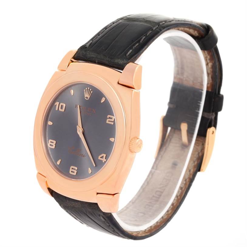 The Rolex Cellini 5330 Men's Rose Gold Grey Dial 5330 Men's Rose Gold Grey Dial watch is shown at a three-quarter angle, displaying the face, crown, strap, and buckle.