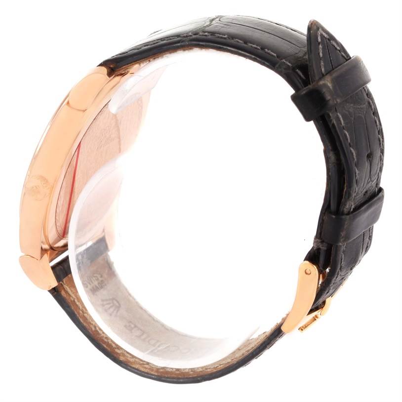 The image shows a side view of a Rolex Cellini 5330 Men's Rose Gold Grey Dial 5330 Men's Rose Gold Grey Dial watch, highlighting the case, crown, and black leather strap.