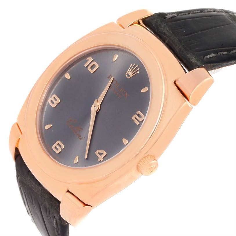 The image shows a close-up, angled side view of a Rolex Cellini 5330 Men's Rose Gold Grey Dial 5330 Men's Rose Gold Grey Dial watch, highlighting its case, face, crown, and strap.