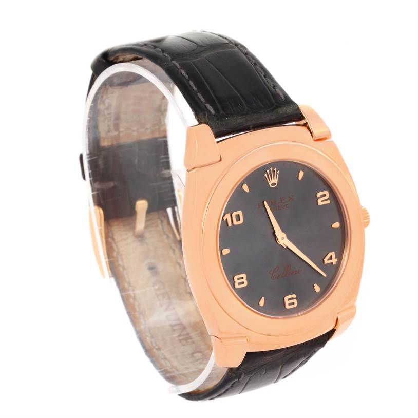 This Rolex Cellini 5330 Men's Rose Gold Grey Dial 5330 Men's Rose Gold Grey Dial watch is shown at a three-quarter angle highlighting the face, bezel, and leather strap.