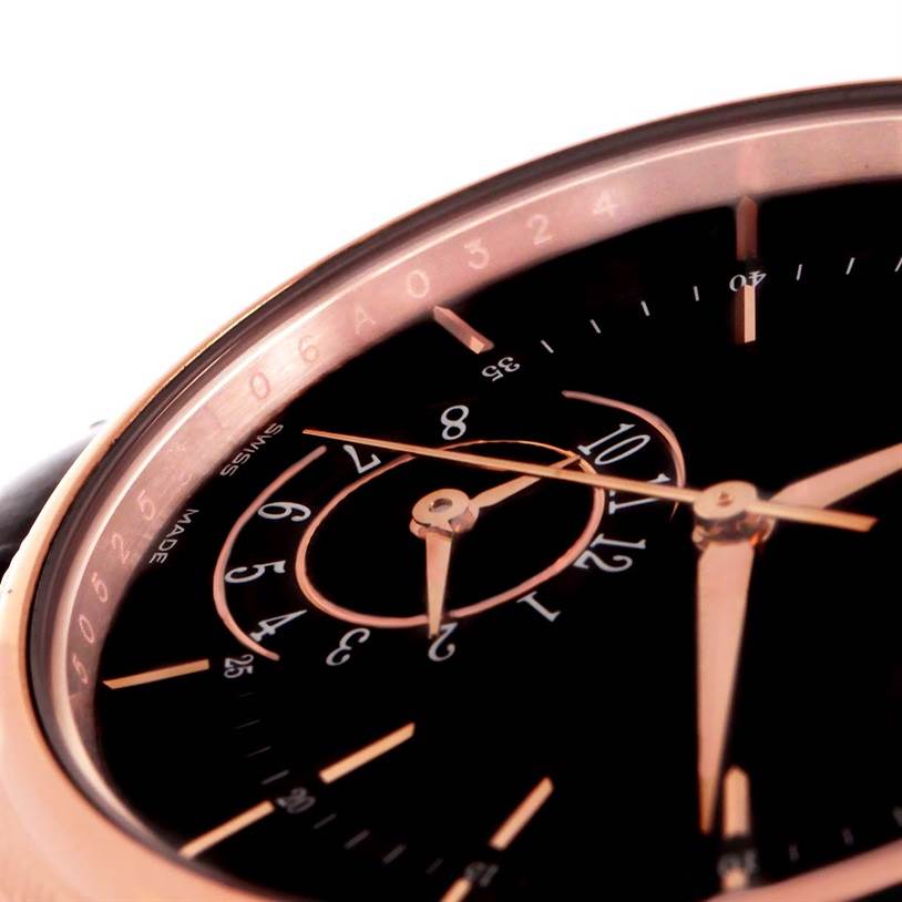 A close-up angle of the Rolex Cellini 50525 Men's Rose Gold Black Dial 50525 Men's Rose Gold Black Dial watch showcases its dial, hands, and part of the bezel.