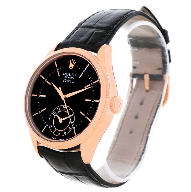 The image shows a Rolex Cellini 50525 Men's Rose Gold Black Dial 50525 Men's Rose Gold Black Dial watch at a slightly angled side view, featuring the dial, bezel, crown, and strap.