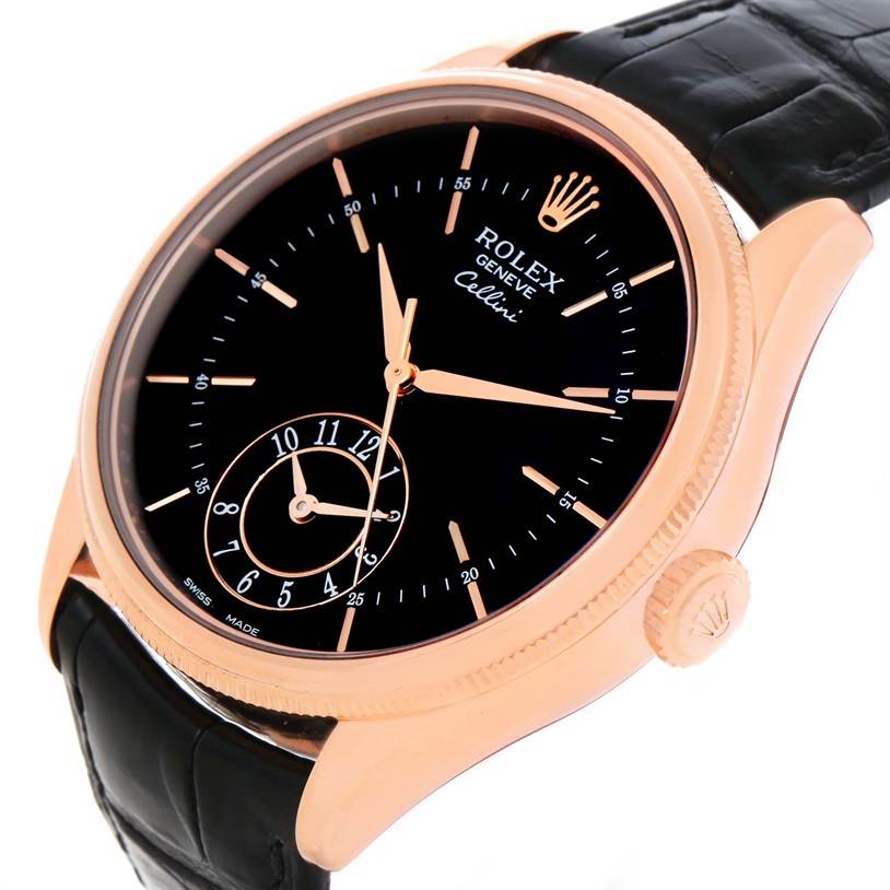 The image shows a close-up angle of a Rolex Cellini 50525 Men's Rose Gold Black Dial 50525 Men's Rose Gold Black Dial watch, showcasing its face, crown, and part of the strap.