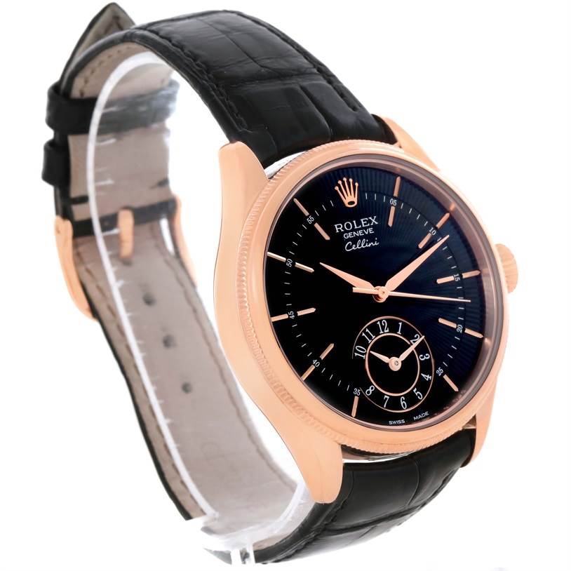 The image shows a Rolex Cellini 50525 Men's Rose Gold Black Dial 50525 Men's Rose Gold Black Dial watch at an angled view highlighting the face, case, and leather strap.