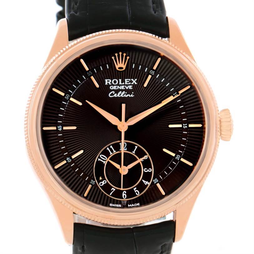 The image shows a front view of a Rolex Cellini 50525 Men's Rose Gold Black Dial 50525 Men's Rose Gold Black Dial model watch, highlighting the dial, hands, and leather strap.