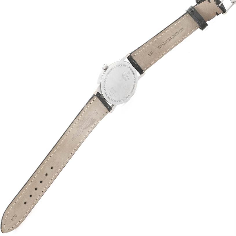 This image shows the back and strap of a Rolex Cellini 5115 Men's White Gold Silver Dial 5115 Men's White Gold Silver Dial watch, viewed from a slightly tilted top-down angle.