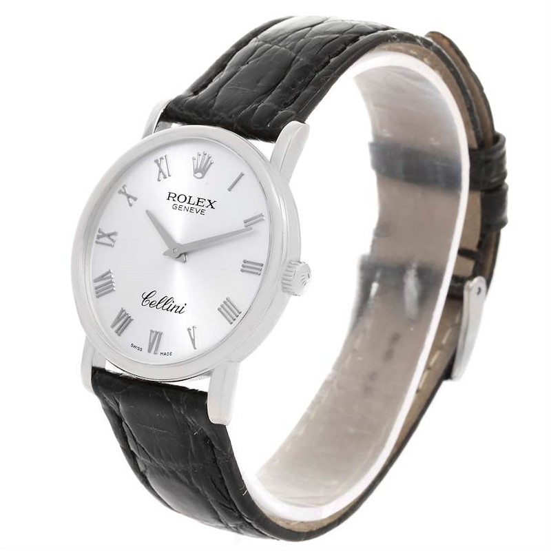 Rolex Cellini Classic 18K White Gold Silver Dial Black Strap Watch 5115 SwissWatchExpo