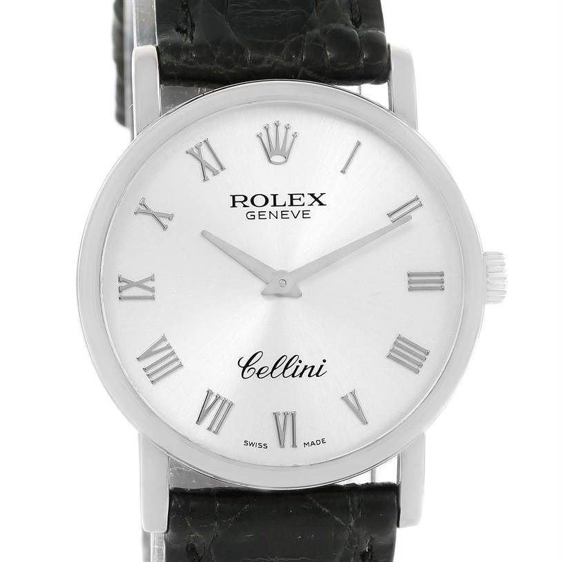 The image shows a front view of the Rolex Cellini 5115 Men's White Gold Silver Dial 5115 Men's White Gold Silver Dial watch, highlighting its face, bezel, and leather strap.