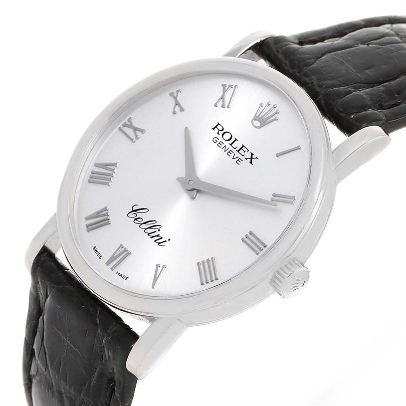 The image shows the Rolex Cellini 5115 Men's White Gold Silver Dial 5115 Men's White Gold Silver Dial watch from a front angle, focusing on the dial, hands, crown, and black leather strap.
