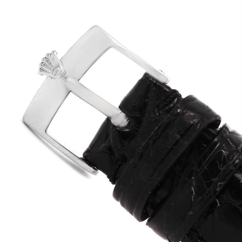 This image shows the buckle and strap of a Rolex Cellini 5115 Men's White Gold Silver Dial 5115 Men's White Gold Silver Dial watch, viewed from a close-up angle.