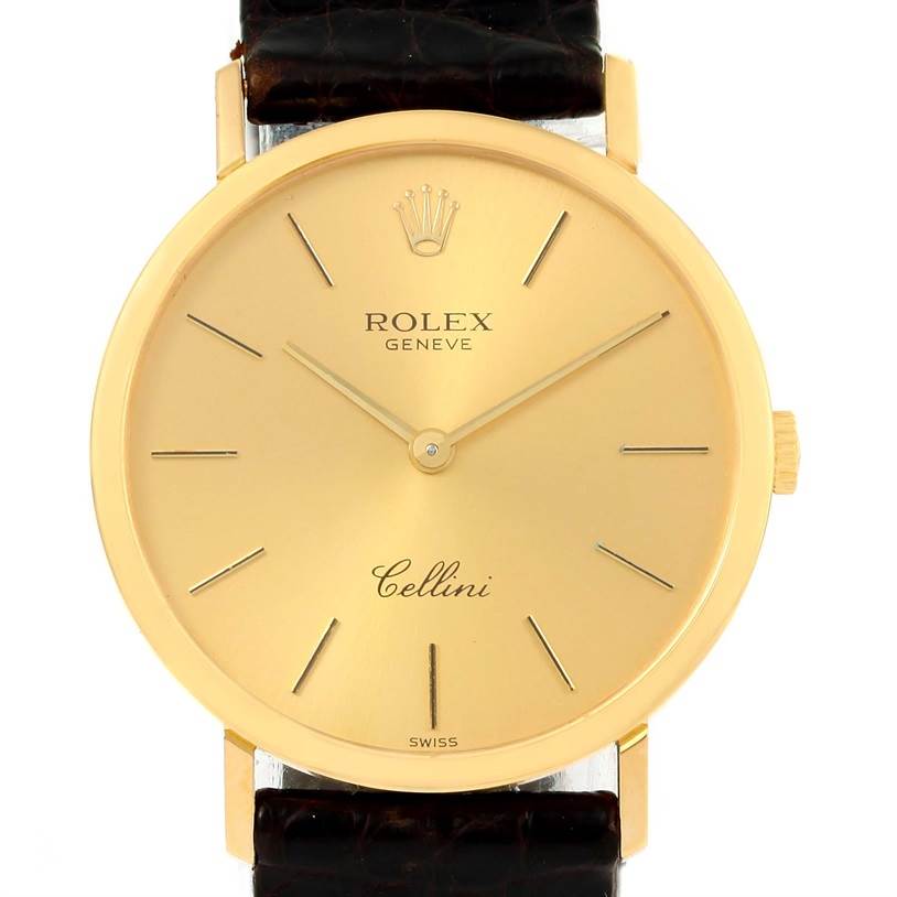 The image shows a Rolex Cellini 4112 Men's Yellow Gold Champagne Dial 4112 Men's Yellow Gold Champagne Dial watch from a front view, highlighting its gold dial, gold hands, and black leather strap.
