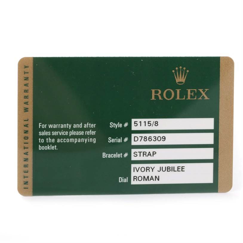 This image shows an international warranty card for a Rolex Cellini 5115 Men
s Yellow Gold Beige Dial 5115 Men
s Yellow Gold Beige Dial watch.