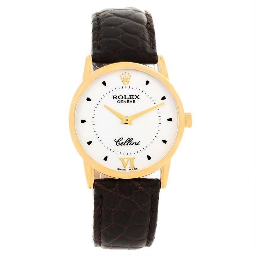 The image shows a frontal view of a Rolex Cellini 5116 Men
s Yellow Gold Silver Dial 5116 Men
s Yellow Gold Silver Dial watch with a gold case, white dial, and dark brown leather strap.