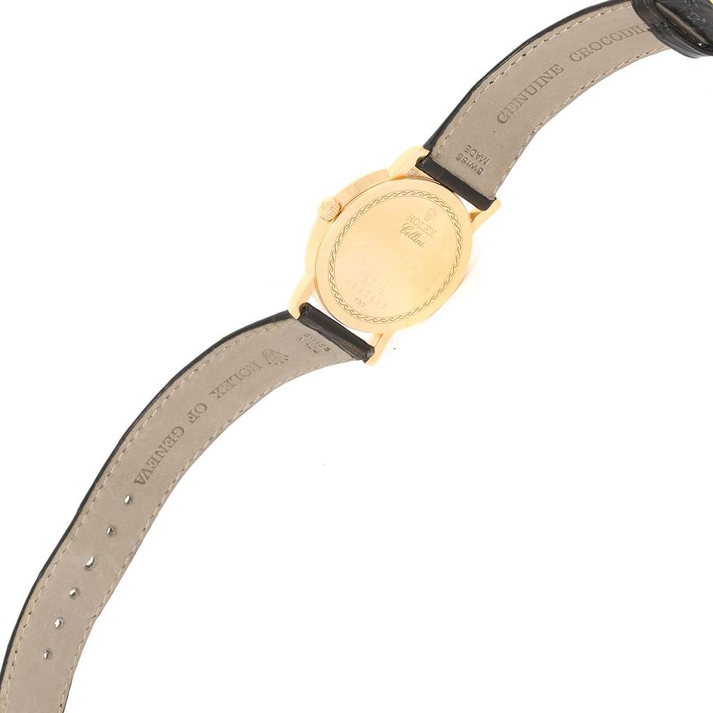 This image shows the back and straps of the Rolex Cellini 5115 Men's Yellow Gold Mother of Pearl Dial 5115 Men's Yellow Gold Mother of Pearl Dial watch, viewed from a flat underside angle.
