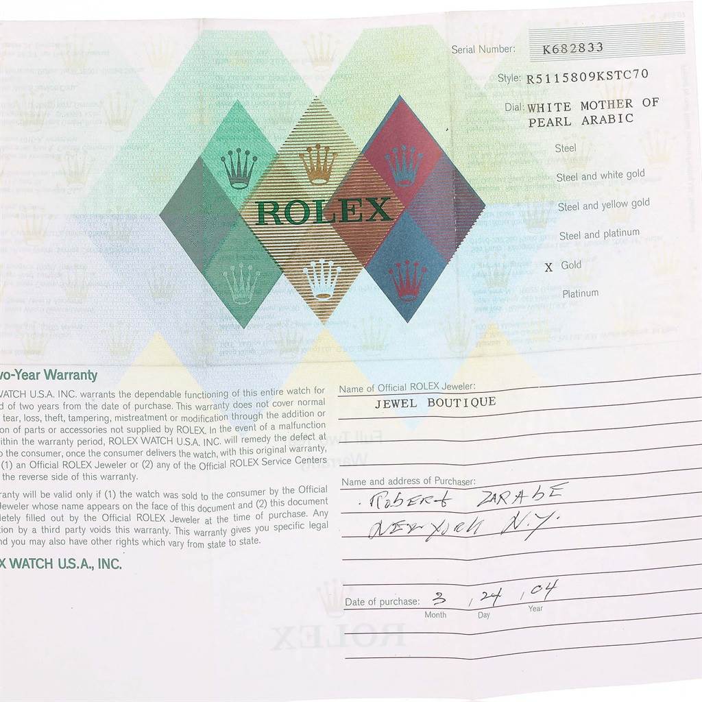 This image shows the warranty and certification document for a Rolex Cellini 5115 Men's Yellow Gold Mother of Pearl Dial 5115 Men's Yellow Gold Mother of Pearl Dial watch, listing various details including style and dial type.