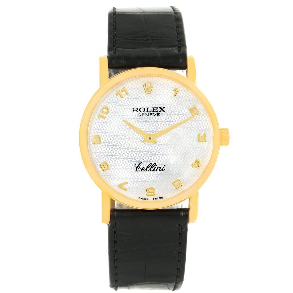 This Rolex Cellini 5115 Men's Yellow Gold Mother of Pearl Dial 5115 Men's Yellow Gold Mother of Pearl Dial watch is shown face-on, displaying the dial, hands, and strap.