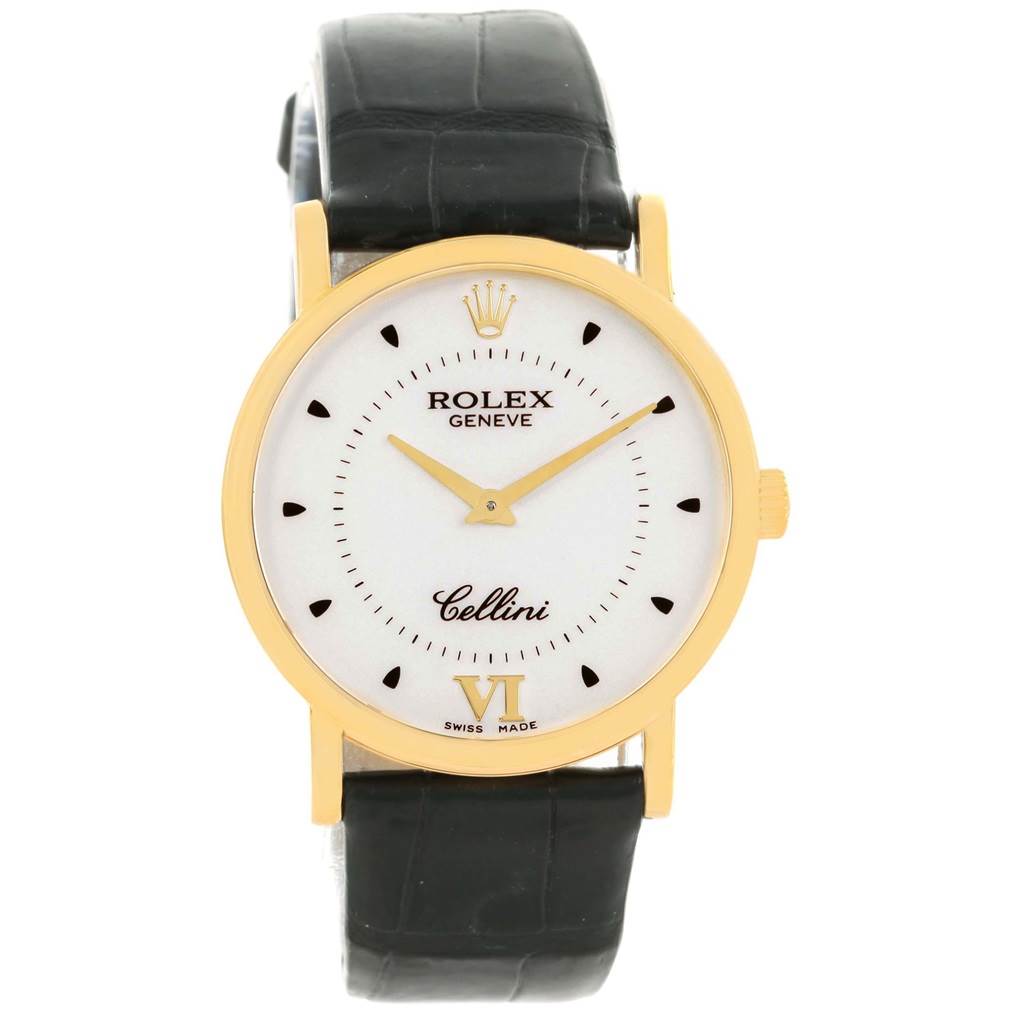 This image shows a front view of a Rolex Cellini 5115 Men
s Yellow Gold Silver Dial 5115 Men
s Yellow Gold Silver Dial watch with a gold case, white dial, and black leather strap.