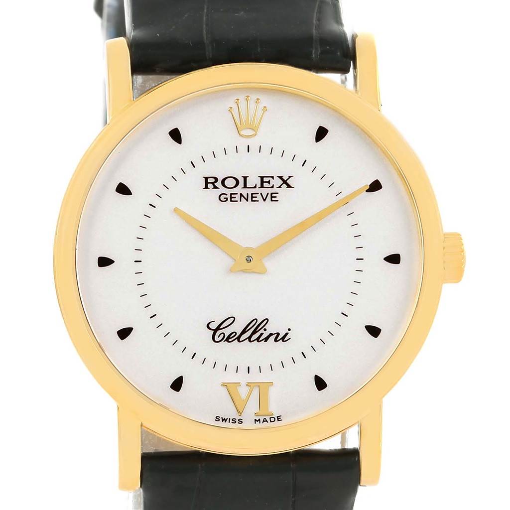 The image shows a front view of a Rolex Cellini 5115 Men
s Yellow Gold Silver Dial 5115 Men
s Yellow Gold Silver Dial watch, highlighting the dial, hands, crown, and part of the leather strap.