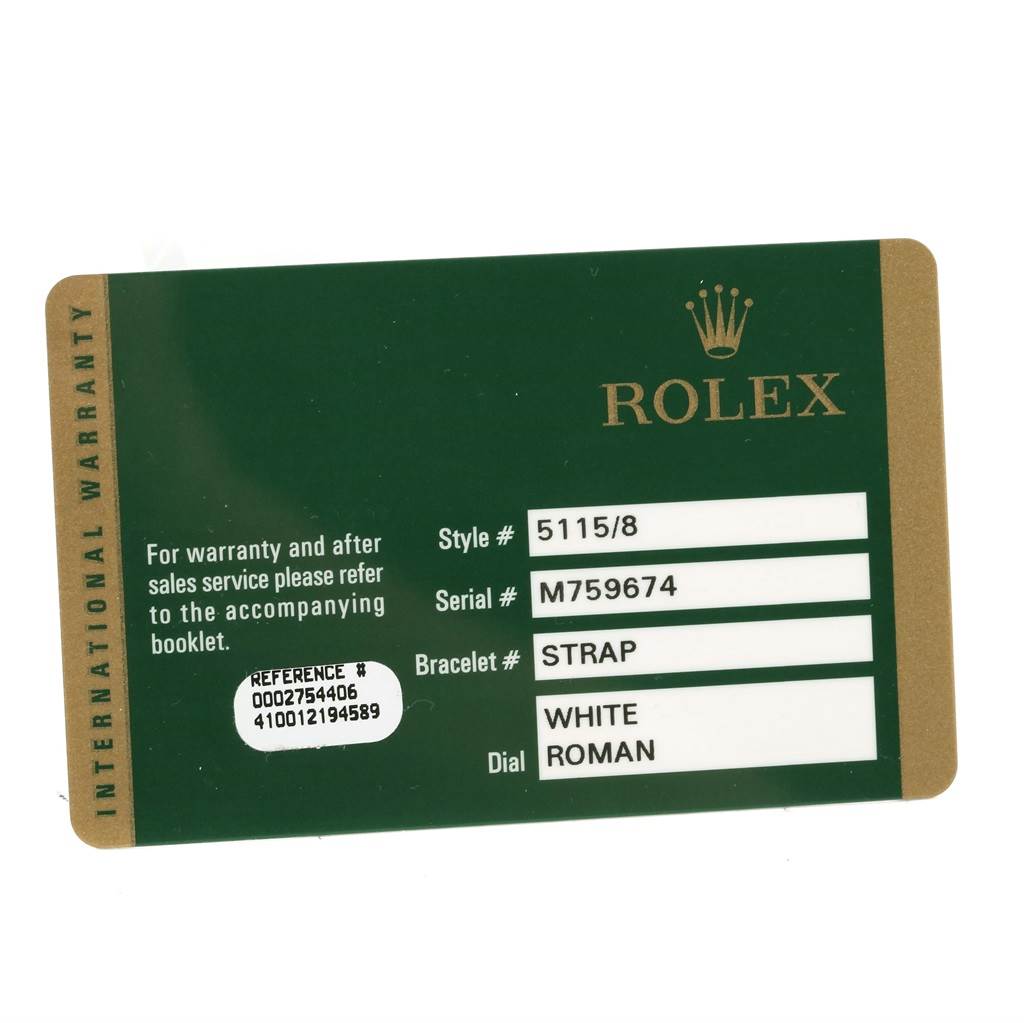 The image shows an international warranty card for a Rolex Cellini 5115 Men
s Yellow Gold Silver Dial 5115 Men
s Yellow Gold Silver Dial model, displaying the style, serial number, bracelet, and dial information.