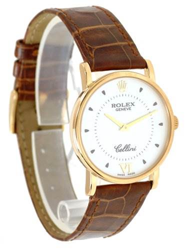 The image shows a Rolex Cellini 5115 Men's Yellow Gold Silver Dial 5115 Men's Yellow Gold Silver Dial watch from a front angle, displaying the dial, brown leather strap, and gold case.