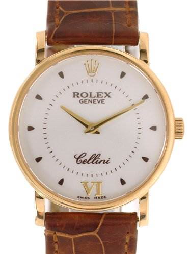 The image shows a front view of a Rolex Cellini watch, displaying the dial, hands, case, and leather strap.