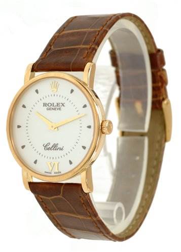 The image shows a Rolex Cellini 5115 Men's Yellow Gold Silver Dial 5115 Men's Yellow Gold Silver Dial model watch at a slight angle, displaying the dial, case, crown, and leather strap.