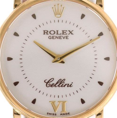 The image shows a close-up of the Rolex Cellini 5115 Men's Yellow Gold Silver Dial 5115 Men's Yellow Gold Silver Dial watch face, highlighting the dial, hands, and markers.
