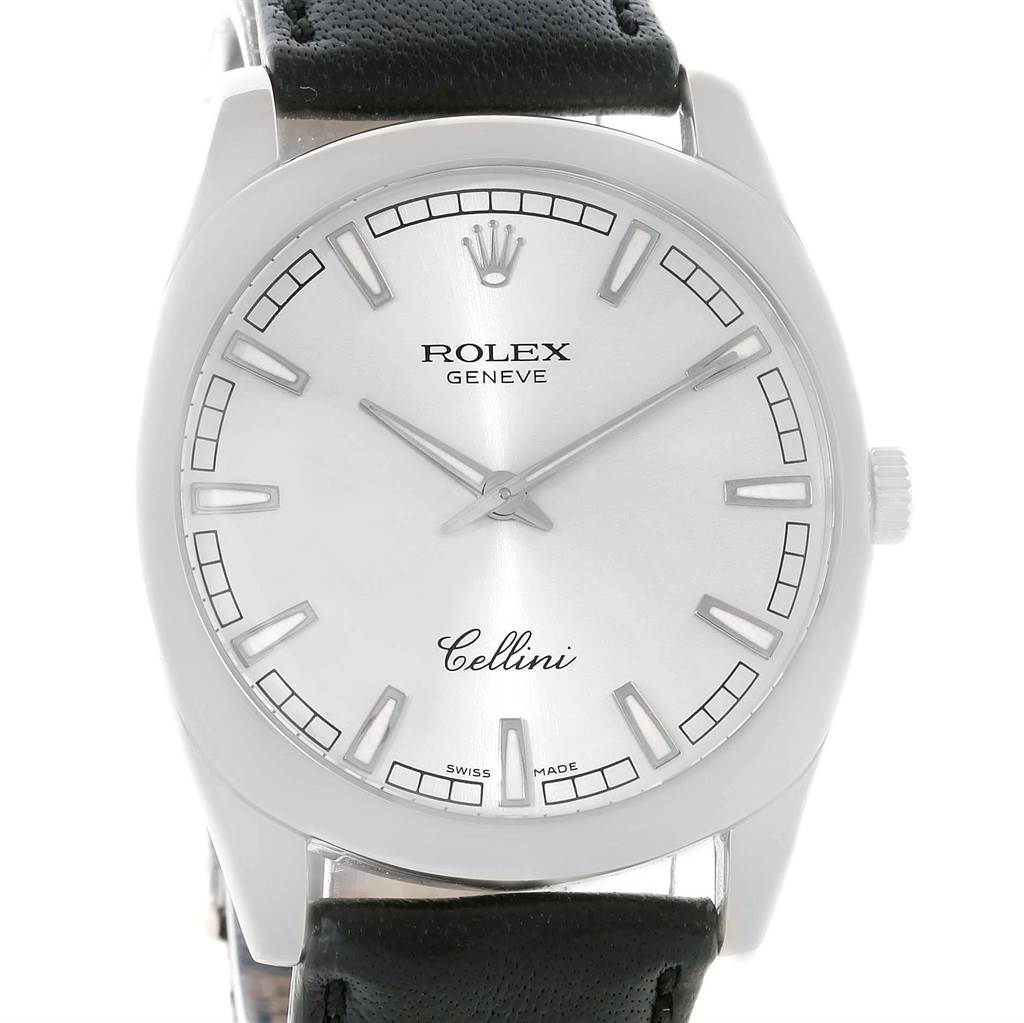 The image shows a front view of a Rolex Cellini 4243 Men's White Gold Silver Dial 4243 Men's White Gold Silver Dial watch, highlighting its dial, markers, and leather strap.