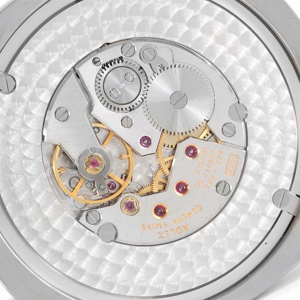 The image shows the intricate internal mechanical movement of a Rolex Cellini 4243 Men's White Gold Silver Dial 4243 Men's White Gold Silver Dial watch, viewed from the back.