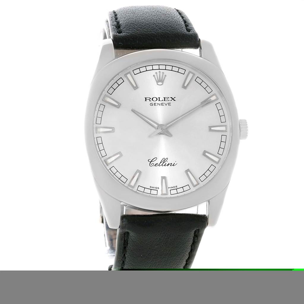 The image shows a frontal view of a Rolex Cellini 4243 Men's White Gold Silver Dial 4243 Men's White Gold Silver Dial watch, highlighting the dial, case, and leather strap.