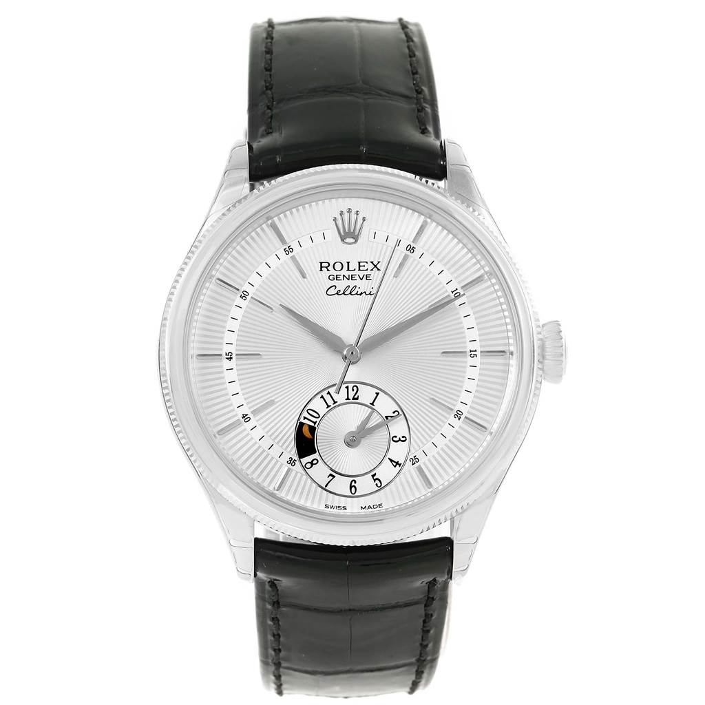 This Rolex Cellini 50529 Men's White Gold Silver Dial 50529 Men's White Gold Silver Dial model watch is shown from the front, displaying the dial, hands, case, and leather strap.
