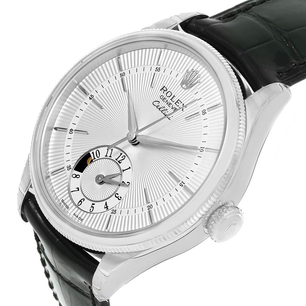 This image shows the face and part of the strap of a Rolex Cellini 50529 Men's White Gold Silver Dial 50529 Men's White Gold Silver Dial watch at an angle.