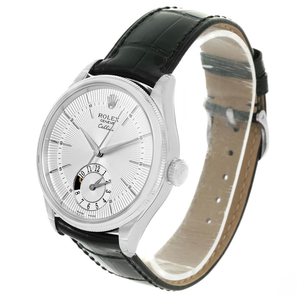 The image shows a Rolex Cellini 50529 Men's White Gold Silver Dial 50529 Men's White Gold Silver Dial watch from an angled side view, highlighting the face, bezel, and leather strap.