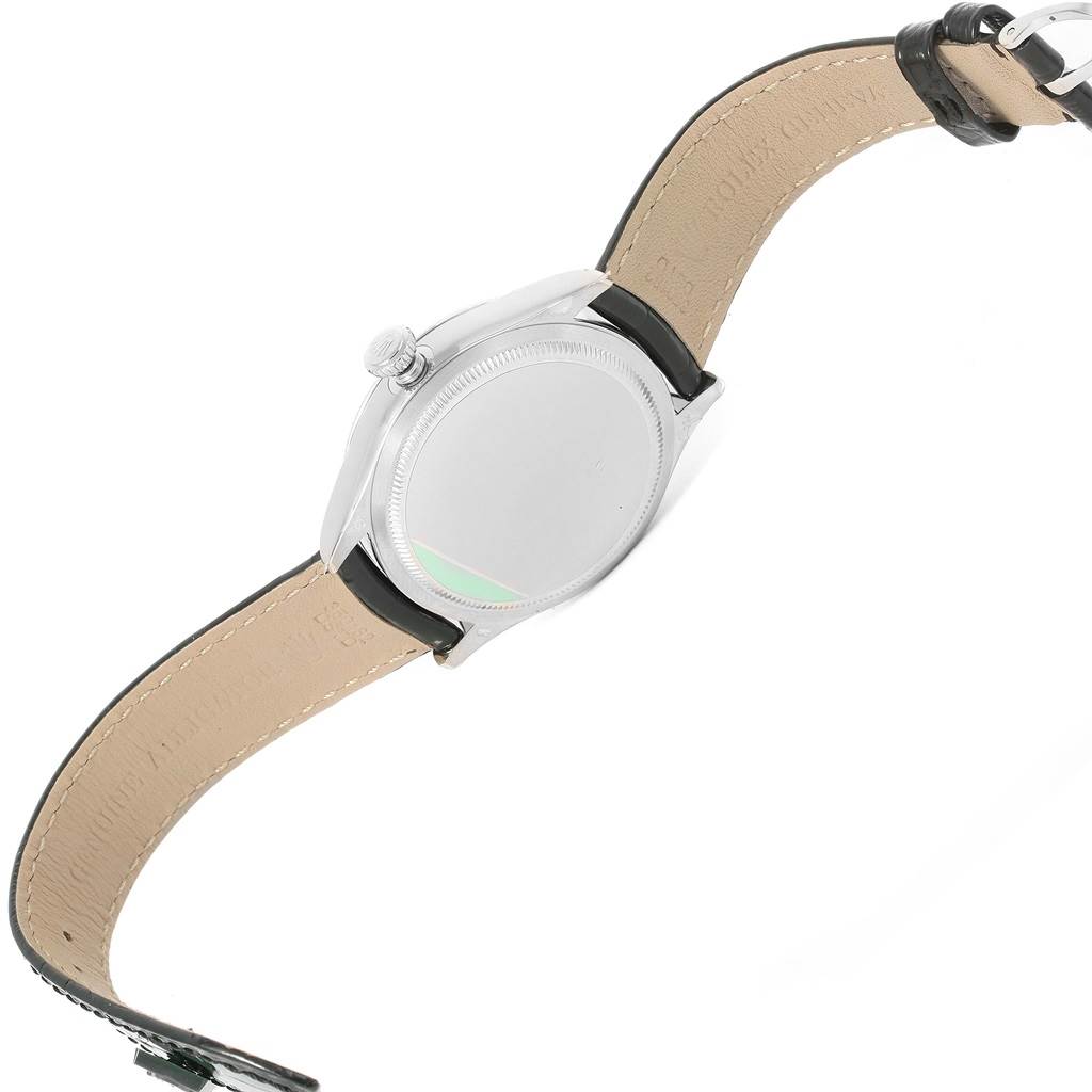 This image shows the back view and leather strap of a Rolex Cellini 50529 Men's White Gold Silver Dial 50529 Men's White Gold Silver Dial watch.